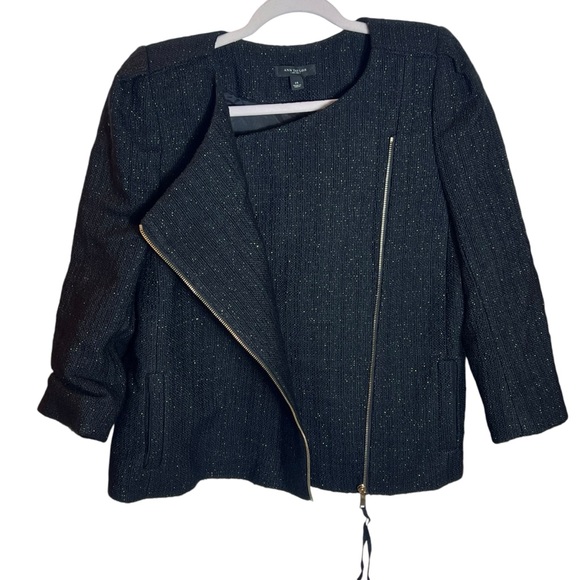 Ann Taylor Black Gold Metallic Asymmetrical Zip Wool Blend 3/4 Sleeve Jacket, 14 - Picture 2 of 13